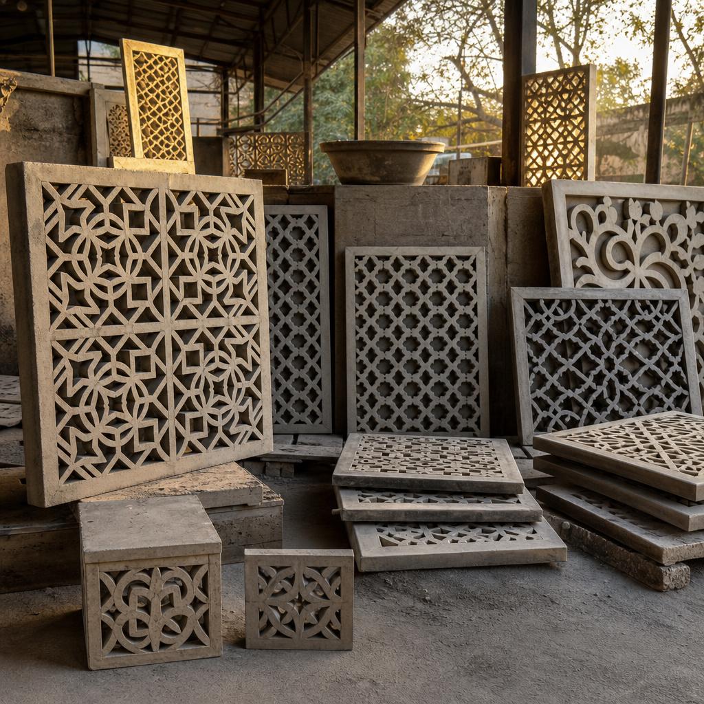 Boundary wall jali design with coordinated pillars and coping on a North Indian home