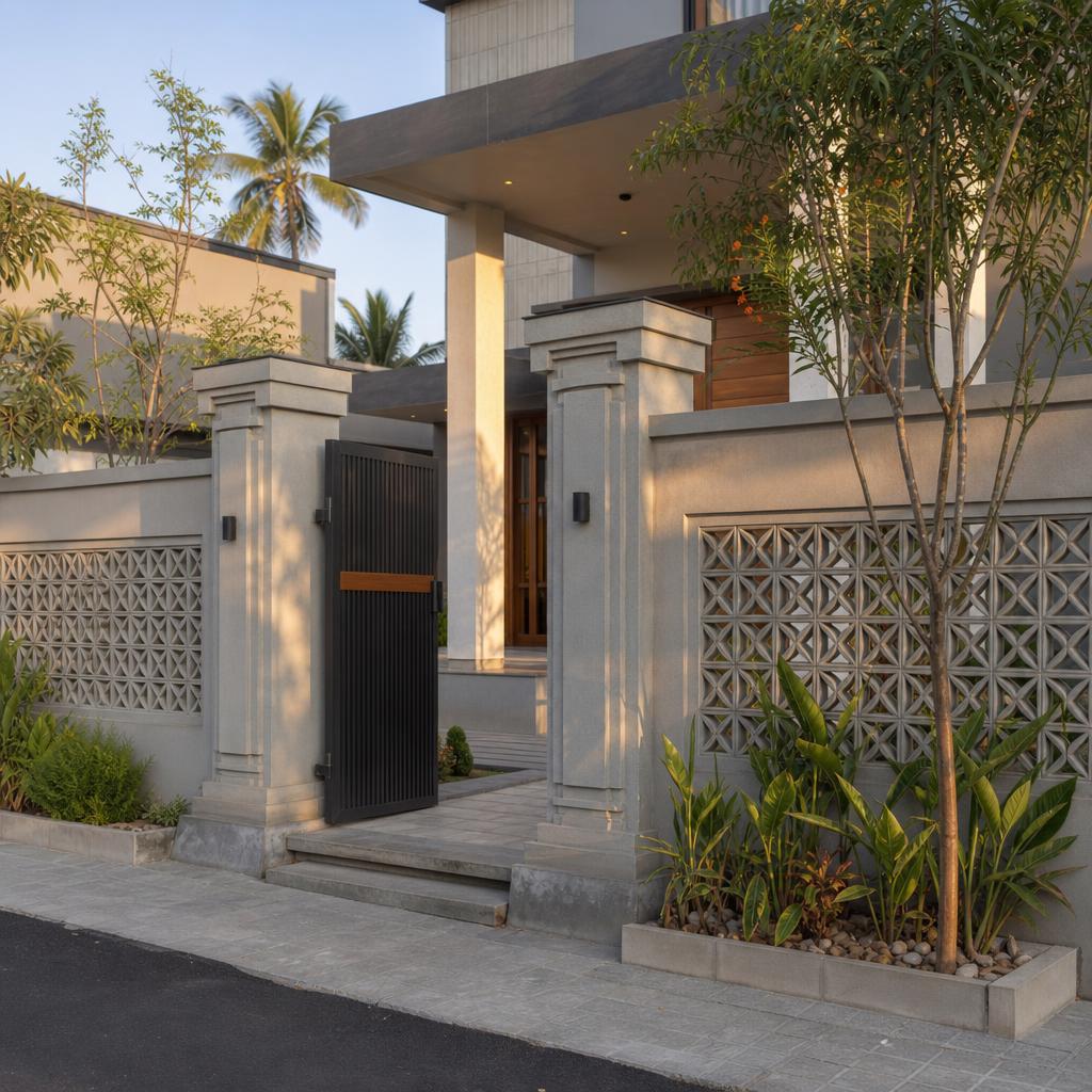 Decorative cement planter in an Indian garden entrance