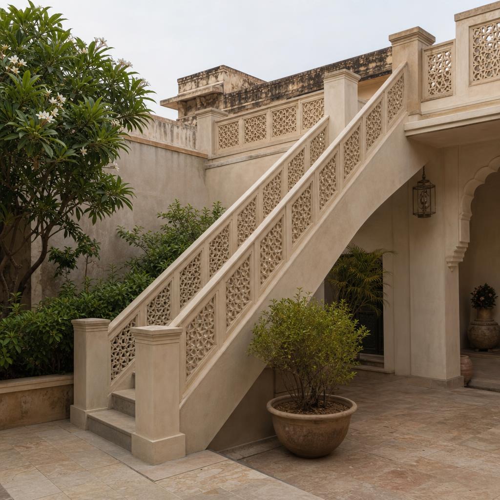 Decorative cemented pillars at an Indian home entrance gate